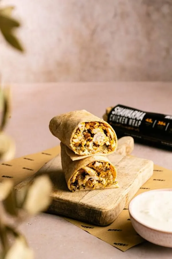 A finished BITE45 wrap cut in half
